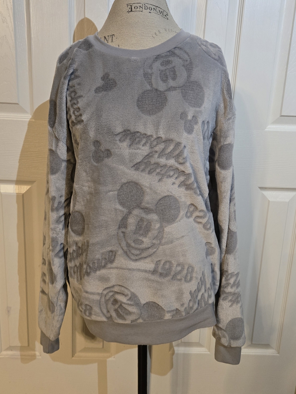 Disney Mickey Mouse Gray Plush Crewneck Sweater
